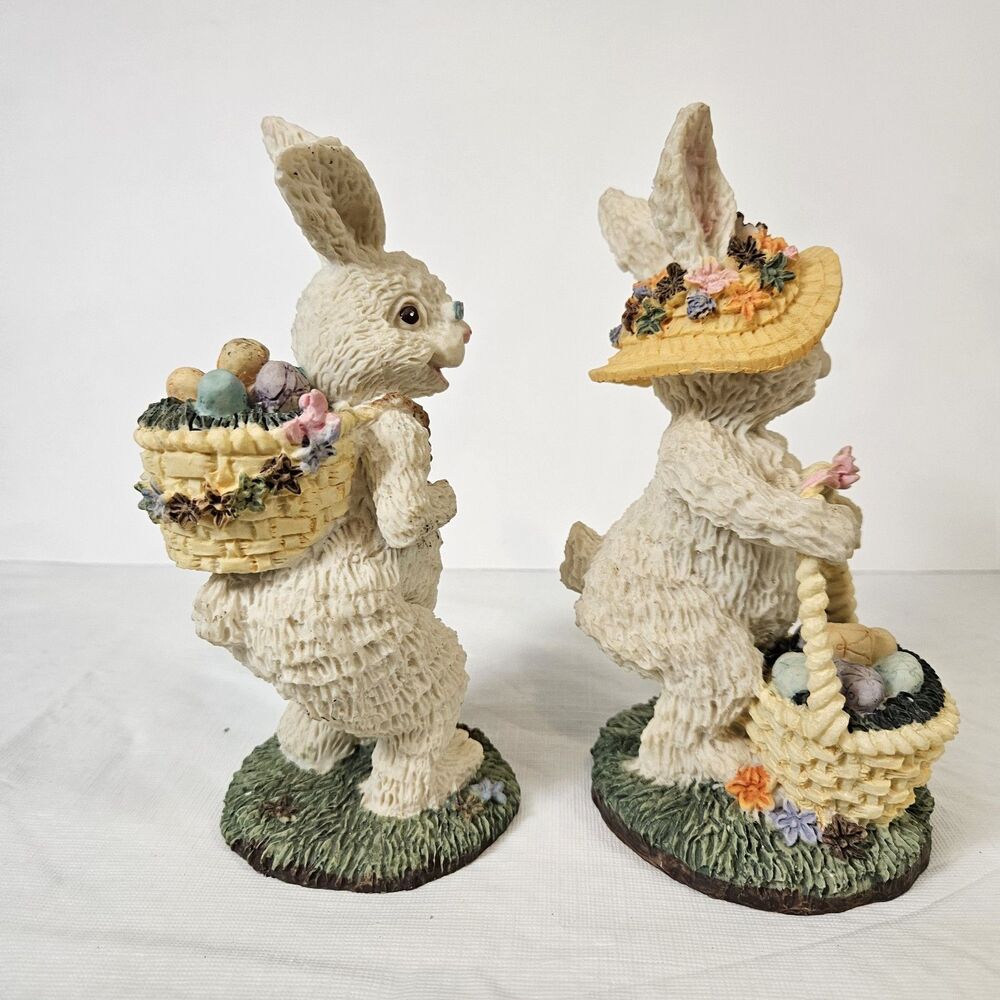 Vintage Easter Bunnies Pair Couple Collection Resin figurines Basket of Eggs - Picture 6 of 15